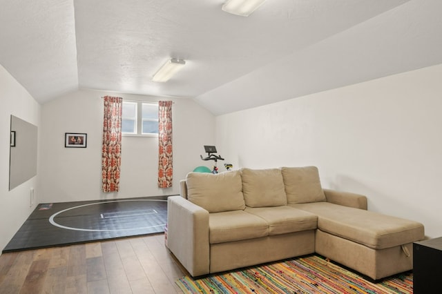 5632 Fairview Ln, Florence, MT 59833 - living room featuring lofted ceiling, wood finished floors, and a textured ceiling
