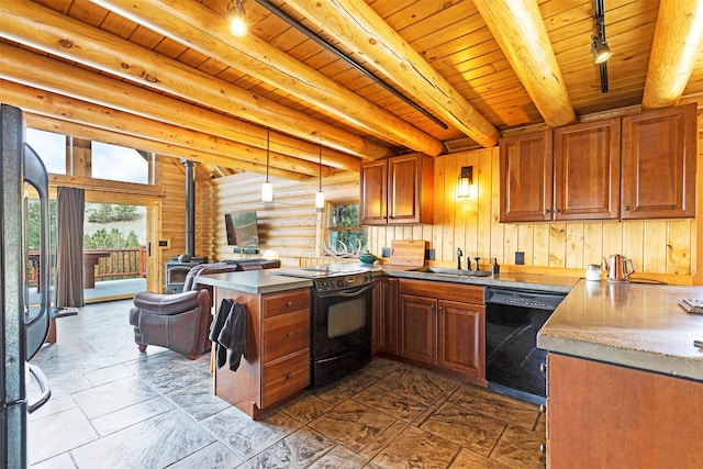 3340 Rome Ln, Stevensville, MT 59870 - kitchen featuring black appliances, rail lighting, a peninsula, a sink, and a wood stove