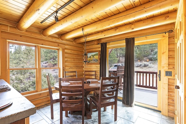 3340 Rome Ln, Stevensville, MT 59870 - dining area featuring wooden ceiling with exposed beams and log walls