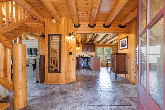 3340 Rome Ln, Stevensville, MT 59870 - kitchen featuring wooden ceiling with exposed beams, baseboards, open floor plan, dark stone finish flooring, and wood walls