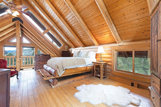 3340 Rome Ln, Stevensville, MT 59870 - bedroom featuring wooden ceiling, rustic walls, hardwood / wood-style flooring, and access to exterior
