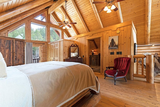 3340 Rome Ln, Stevensville, MT 59870 - bedroom featuring wood ceiling with exposed beams, wooden walls, high vaulted ceiling, and hardwood / wood-style floors