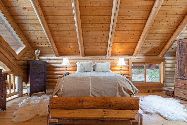 3340 Rome Ln, Stevensville, MT 59870 - bedroom with log walls, hardwood / wood-style flooring, and wood ceiling with exposed beams