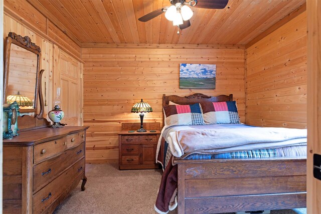3340 Rome Ln, Stevensville, MT 59870 - bedroom featuring wood ceiling, light colored carpet, wood walls, and ceiling fan