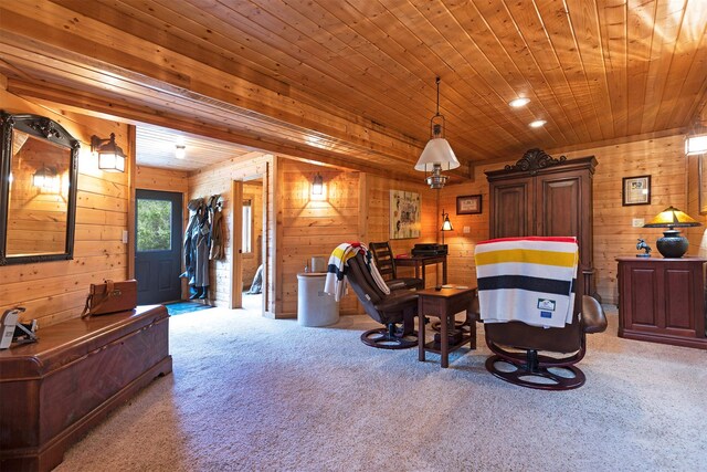 3340 Rome Ln, Stevensville, MT 59870 - bedroom with light colored carpet, wooden ceiling, and wooden walls