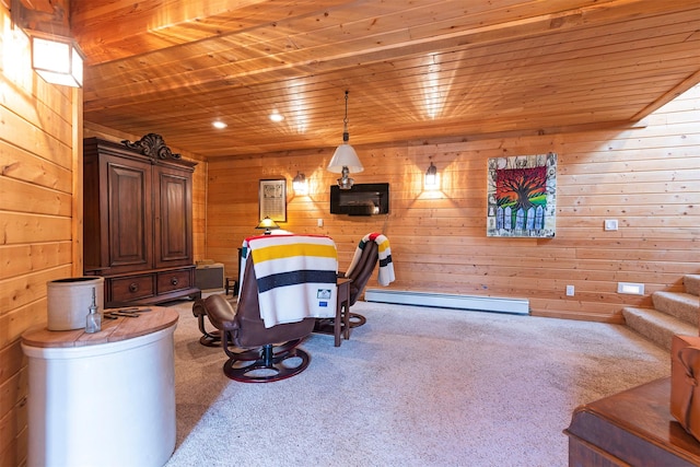 3340 Rome Ln, Stevensville, MT 59870 - carpeted bedroom with baseboard heating, wooden ceiling, and wood walls