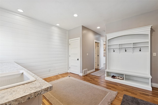 266 W Bowman Dr, Kalispell, MT 59901 - mudroom with a sink, wood finished floors, baseboards, visible vents, and recessed lighting