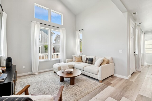402 Trailview Way, Whitefish, MT 59937 - living room with light wood-style floors and high vaulted ceiling