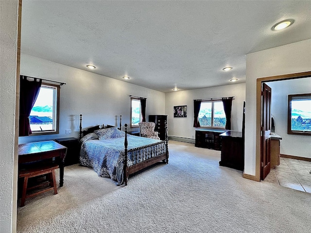 93 Golf Course Dr, Ennis, MT 59729 - bedroom featuring baseboard heating, a textured ceiling, light carpet, multiple windows, and recessed lighting
