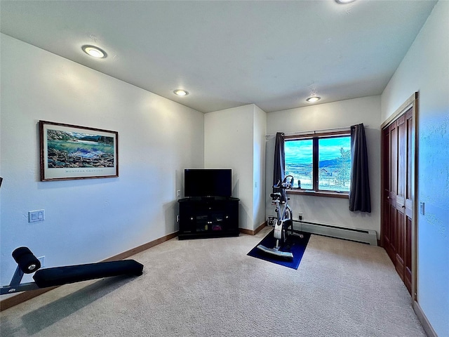 93 Golf Course Dr, Ennis, MT 59729 - exercise area with light carpet and a baseboard radiator