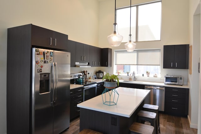 21D Hickory Loop, Whitefish, MT 59937 - kitchen with appliances with stainless steel finishes, under cabinet range hood, a kitchen bar, a high ceiling, and dark wood-style floors