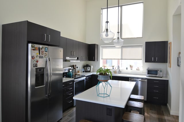 21D Hickory Loop, Whitefish, MT 59937 - kitchen featuring appliances with stainless steel finishes, dark cabinetry, a breakfast bar, a high ceiling, and light countertops