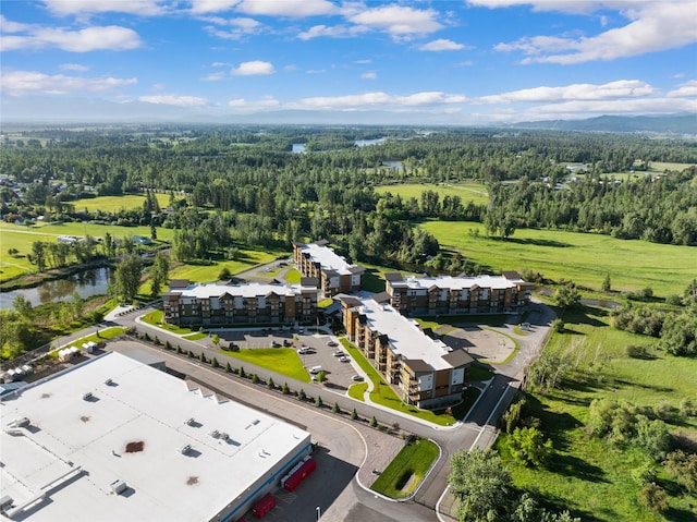 bird's eye view with a forest view and a water view