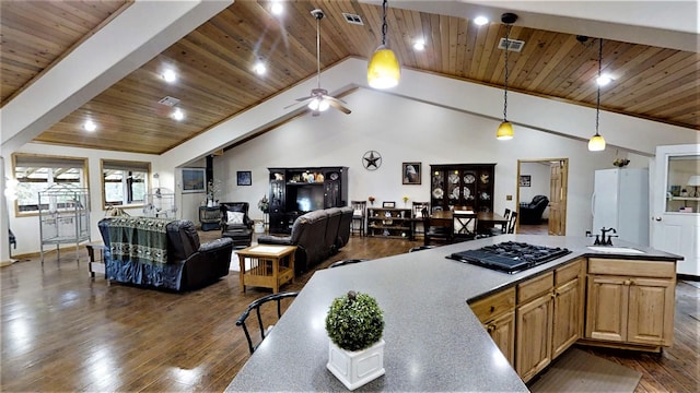 kitchen with a sink, black gas cooktop, dark wood finished floors, open floor plan, and visible vents