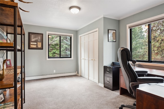 office with a baseboard heating unit, plenty of natural light, carpet floors, ornamental molding, and baseboards