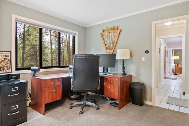 carpeted office space featuring ornamental molding, baseboards, and tile patterned floors