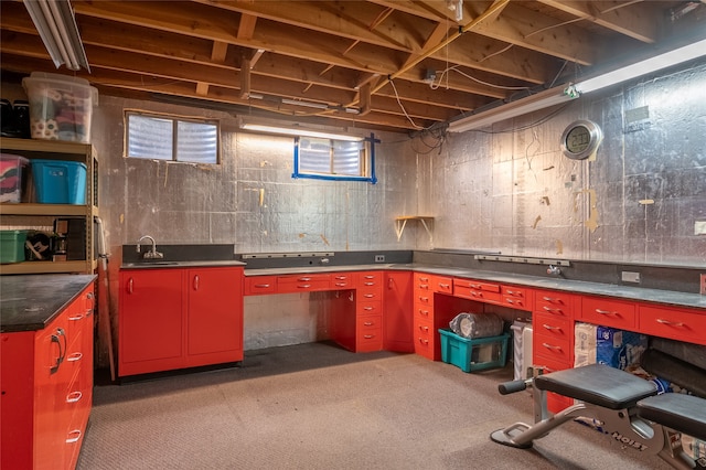 below grade area with a sink and light colored carpet