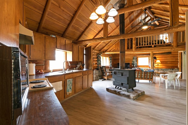18522 Geiger Ln, Proctor, MT 59929 - kitchen with a wood stove, a sink, log walls, under cabinet range hood, and dark countertops