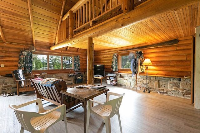 18522 Geiger Ln, Proctor, MT 59929 - dining space featuring wood ceiling with exposed beams, rustic walls, and wood finished floors
