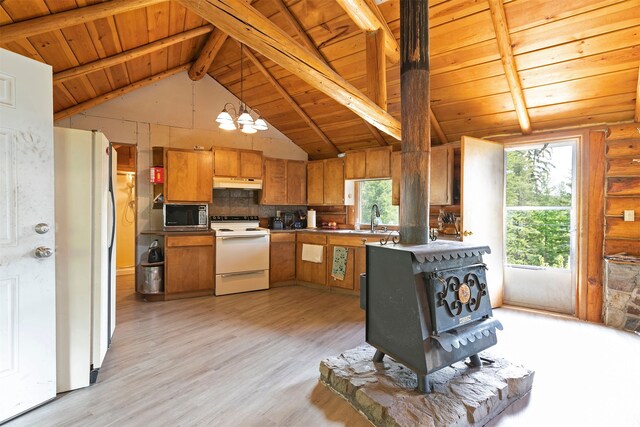 18522 Geiger Ln, Proctor, MT 59929 - kitchen with white appliances, under cabinet range hood, brown cabinets, wooden ceiling, and plenty of natural light