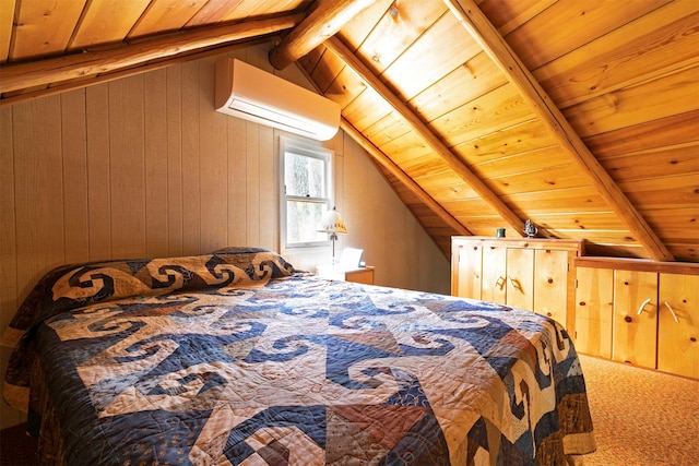 18522 Geiger Ln, Proctor, MT 59929 - carpeted bedroom with a wall mounted air conditioner, wooden ceiling, and wood walls