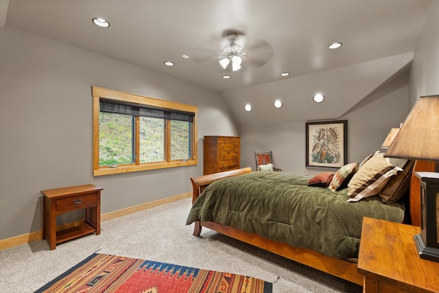 31572 Lake To Sky Dr, Bigfork, MT 59911 - bedroom featuring carpet, recessed lighting, vaulted ceiling, and ceiling fan