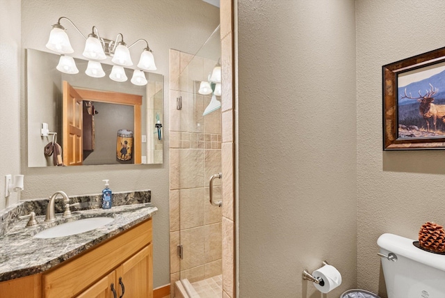 31572 Lake To Sky Dr, Bigfork, MT 59911 - bathroom with vanity, a shower stall, and a textured wall