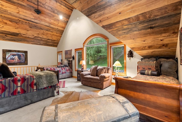 31572 Lake To Sky Dr, Bigfork, MT 59911 - bedroom with carpet flooring, wooden ceiling, and high vaulted ceiling