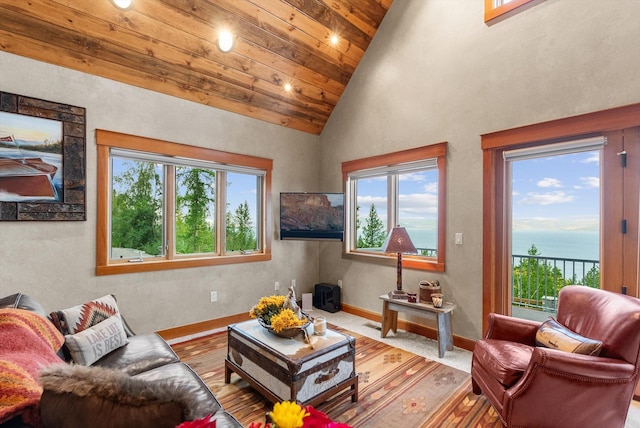 31572 Lake To Sky Dr, Bigfork, MT 59911 - living area featuring wood ceiling, hardwood / wood-style floors, and high vaulted ceiling