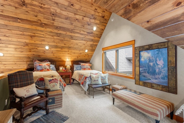 31572 Lake To Sky Dr, Bigfork, MT 59911 - bedroom with carpet, lofted ceiling, and wooden ceiling