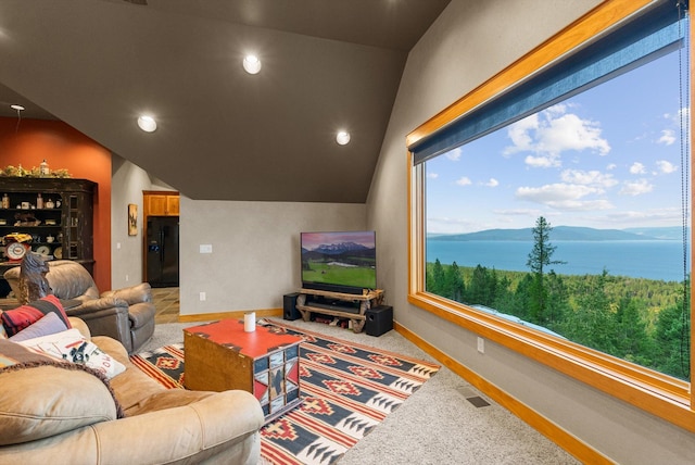 31572 Lake To Sky Dr, Bigfork, MT 59911 - carpeted living area featuring lofted ceiling and recessed lighting