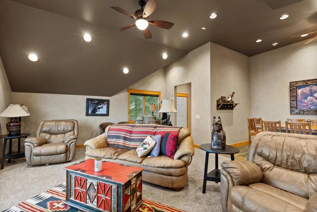 31572 Lake To Sky Dr, Bigfork, MT 59911 - carpeted living area with ceiling fan, recessed lighting, and lofted ceiling