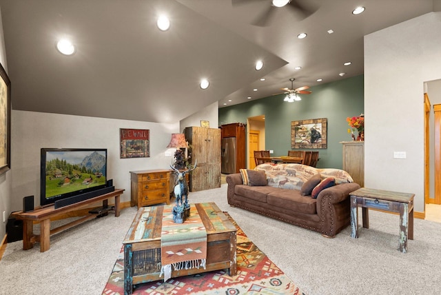31572 Lake To Sky Dr, Bigfork, MT 59911 - living area with ceiling fan, light colored carpet, recessed lighting, and vaulted ceiling
