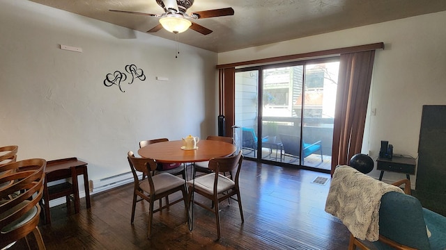 270 Bridge St Unit Qc1-203, Bigfork, MT 59911 - dining space featuring dark wood-style floors, ceiling fan, a desk, and a baseboard radiator