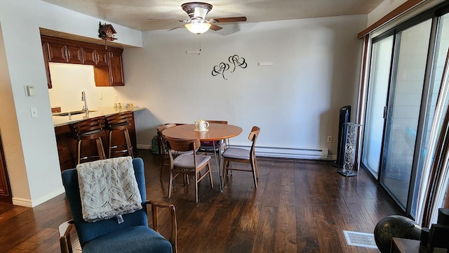 dining area with visible vents, a ceiling fan, baseboards, a baseboard radiator, and dark wood finished floors