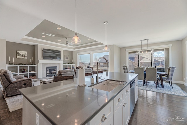 2883 Alpine View Loop, Helena, MT 59601 - kitchen featuring a sink, a raised ceiling, dark wood-style flooring, white cabinetry, and open floor plan