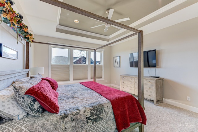 2883 Alpine View Loop, Helena, MT 59601 - bedroom with crown molding, baseboards, light carpet, a tray ceiling, and ceiling fan