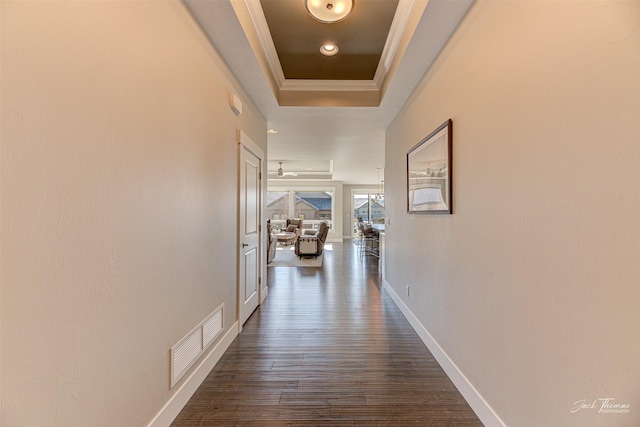 2883 Alpine View Loop, Helena, MT 59601 - hallway featuring a tray ceiling, dark wood-style floors, baseboards, and ornamental molding