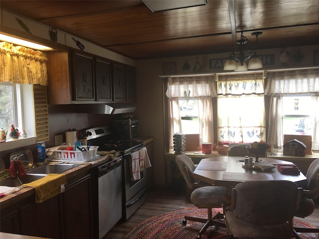 kitchen featuring wood ceiling, appliances with stainless steel finishes, wood finished floors, a sink, and under cabinet range hood