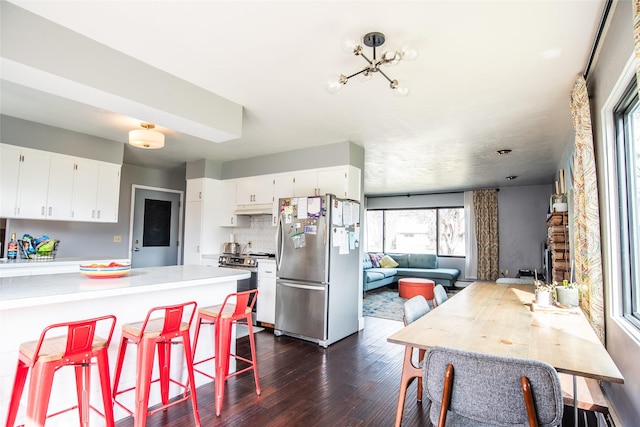 kitchen with white cabinetry, stainless steel appliances, light countertops, under cabinet range hood, and dark wood-type flooring