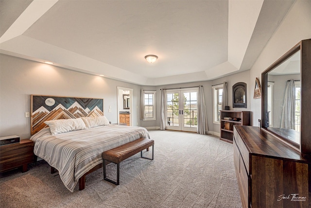 2160 Crested Wheat Loop, East Helena, MT 59635 - bedroom with a tray ceiling, access to exterior, light colored carpet, and multiple windows