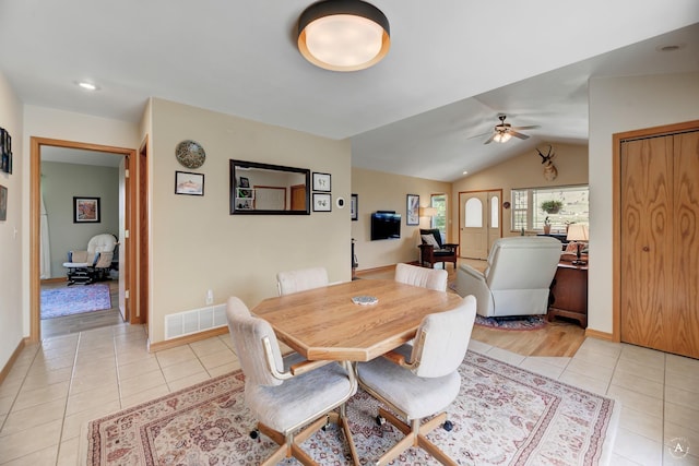 24 Spruce Grove Rd, East Helena, MT 59635 - dining area featuring light tile patterned floors, lofted ceiling, and ceiling fan