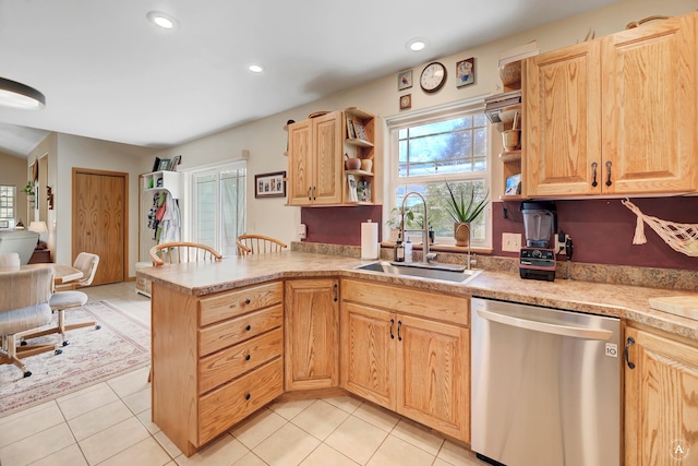24 Spruce Grove Rd, East Helena, MT 59635 - kitchen featuring dishwasher, open shelves, light countertops, light brown cabinets, and light tile patterned floors