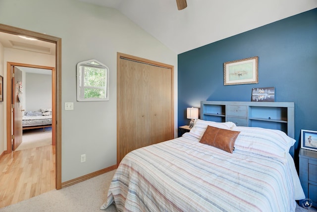 24 Spruce Grove Rd, East Helena, MT 59635 - bedroom featuring a closet, vaulted ceiling, and ceiling fan
