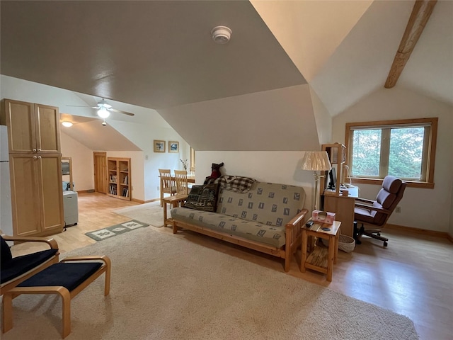 69 Fir Dr, Thompson Falls, MT 59873 - living area with baseboards, vaulted ceiling with beams, and a ceiling fan