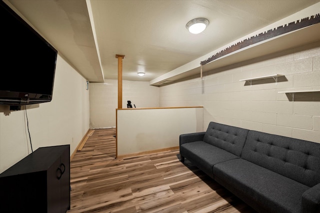 interior space featuring concrete block wall and wood finished floors