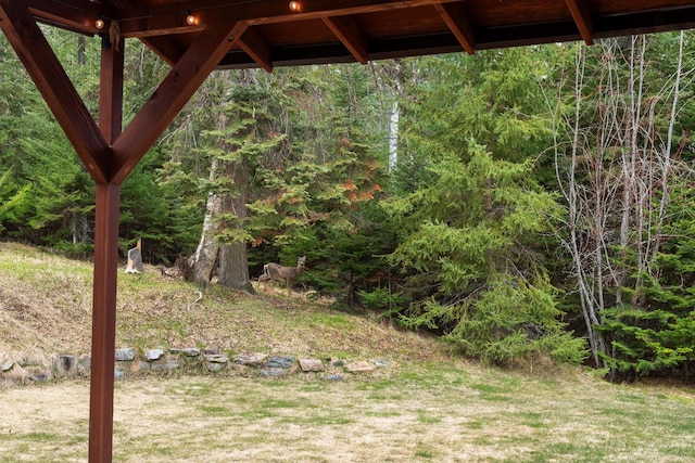view of yard featuring a forest view