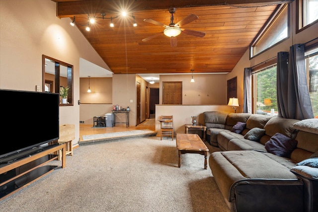 carpeted living area featuring track lighting, ceiling fan, high vaulted ceiling, and wood ceiling