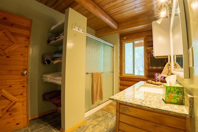 5228 Sophie Lake Rd, Eureka, MT 59917 - bathroom with wooden ceiling, a stall shower, vanity, and stone finish flooring