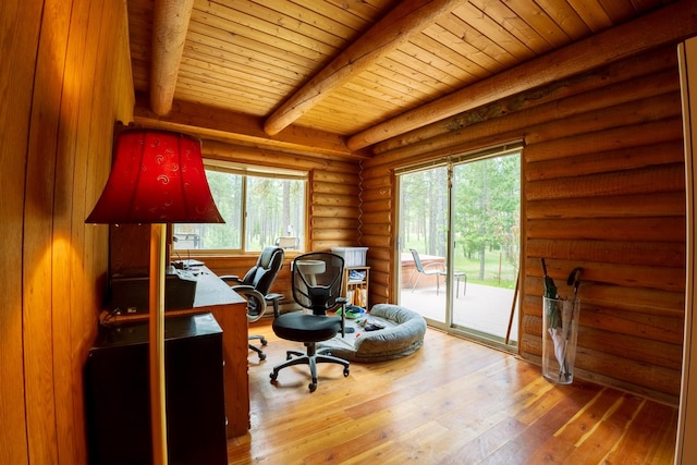 5228 Sophie Lake Rd, Eureka, MT 59917 - office area with wooden ceiling with exposed beams, healthy amount of natural light, hardwood / wood-style floors, and rustic walls